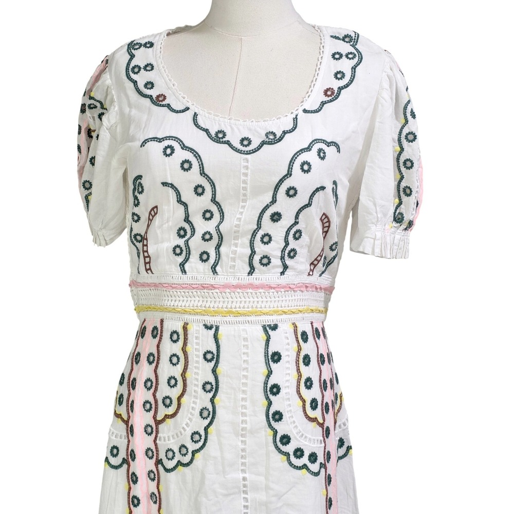 Bohme Embroidered Midi Dress Women S White Eyelet Puff Sleeve Smocked - Picture 6 of 16